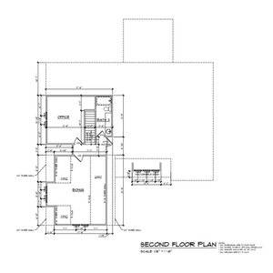 Architectural drawing of a second floor plan showing an office, bath, bonus room, and various dimensions. Includes measurements and a staircase leading to the floor. Scale noted as 1/8" = 1'-0".