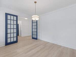 Minimalist room with light wood flooring and white walls. Two blue French doors with glass panels stand open. A modern circular chandelier hangs from the ceiling, adding a touch of elegance to the clean, bright space.