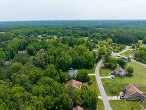 Aerial view of a suburban neighborhood surrounded by dense green trees. The area features several homes with large yards, curved roads, and a lush forested landscape extending into the horizon under a clear sky.