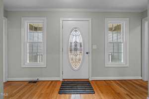A white oval glass-paneled front door flanked by two rectangular windows. The walls are light green, and the hardwood floor is a warm brown. A black striped doormat is placed in front of the door.