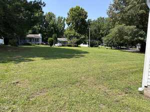 A grassy lawn with scattered trees, bordered by a few suburban houses under a clear blue sky.