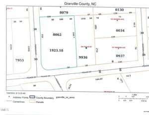 A map showing parcel boundaries in Granville County, NC. It includes streets labeled Peace St, Warner Ave, and Lyon St. The map features multiple numbered parcels with measurements and lines indicating boundaries.