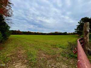 A wide, grassy field stretches into the distance, bordered by dense trees displaying autumn colors. The sky is overcast. In the foreground, a red metal gate and a wooden post are partially visible on the right side.