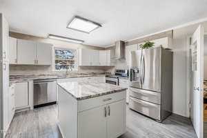 A modern kitchen with white cabinets and stainless steel appliances, including a refrigerator and dishwasher. The center features a large island with a granite countertop. A plant sits atop the cabinets, and a window provides natural light.