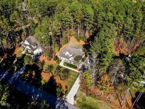 Aerial view of two suburban houses surrounded by a dense forest of tall trees. The houses have driveways leading to a paved road. The scene is lit by bright sunlight, creating distinct shadows from the trees and buildings.