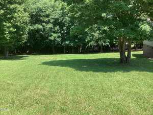 A grassy yard with a well-maintained lawn is bordered by tall, leafy trees. Shadows from the trees extend across the grass. A small portion of a brick structure is visible in the right corner of the image.