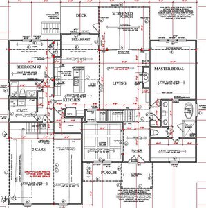 Blueprint of a single-story house design featuring a porch, foyer, living room, kitchen, breakfast area, deck, screened porch, master bedroom, bedroom 2, utility room, and two-car garage. Includes measurements and labels for each area.