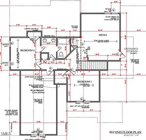 Second-floor plan diagram showing labeled rooms including Bedroom 3, Bedroom 4, playroom, media room, and unfinished storage. It includes measurements, door and window placements, and notes for construction specifics. Scale is 1/4" = 1'-0".