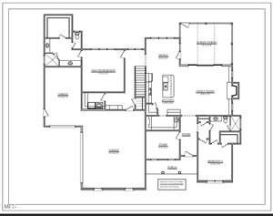 Floor plan of a house featuring a master bedroom, bedroom 2, two garages, a family room, dining room, kitchen, study, screen porch, and foyer. A central staircase connects various rooms, with the family room opening to the screen porch.