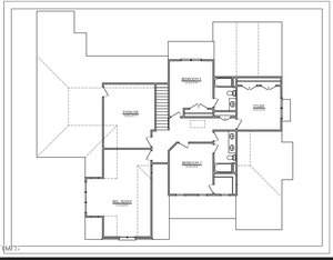 Floor plan depicting a residential layout with labeled sections: two bedrooms, a study, an exercise room, a recreation room, and two bathrooms. The rooms are interconnected with hallways and have marked doorways.