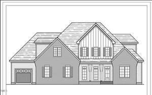 A black and white architectural drawing of 3803 Bennett Grove Drive in Wake Forest showcases a two-story house with a gabled roof. The front features a mix of brick and siding, several windows with shutters, a central entrance with a porch, and a garage on the left side.