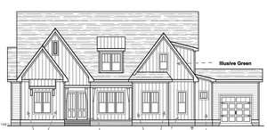 Architectural drawing of a house with a gabled roof and small garage on the right, reminiscent of styles found around Wake Forest. The exterior features vertical siding and several windows. The label "Illusive Green" is on the right side, with 1401 Cottondale Lane noted in the corners alongside the architect's name.