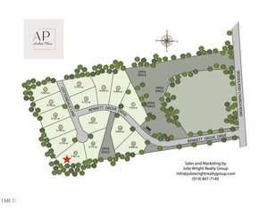 A plot map labeled "Ardross Place" shows 17 plots on Bennett Grove Drive and Cotton Gin Lane. Plots are numbered with sizes in acres. Open spaces and wooded areas are noted. Sales contact: Julie Wright Realty Group, (919) 847-7140. Compass included.