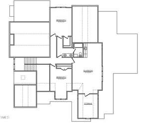 Floor plan of a building's upper level, including two bedrooms, a playroom, a storage area, and a bathroom. Each room is labeled with its dimensions. Stairs lead to the lower level.