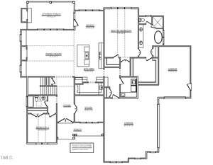 Floor plan of a single-story house featuring a covered porch, foyer, family room, kitchen, dining room, study, two bedrooms, two-car garage, and a master bedroom with an en-suite bathroom.