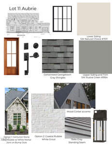 A design board labeled "Lot 11 Aubrie" featuring architectural drawings, color samples for sidings, gray shingles, a wooden door, black hardware, and lighting. Includes images of stone and brick options along with siding and trim details.