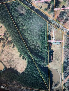 Aerial view of a property with dense trees, open fields, and a pond. Yellow boundary lines outline plots of land. A road labeled "Wilson Town Rd" runs horizontally at the top, with a building visible near the road.
