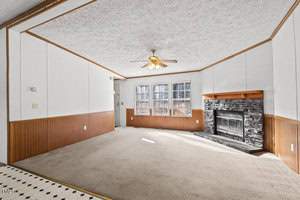 A room with a ceiling fan and carpeted floor. It features a fireplace with a stone surround on the right wall and two windows in the center. The lower walls have wood paneling, and the upper walls and ceiling are white.