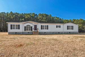 Nestled at 175 Peebles Lane in Henderson, this single-story manufactured home boasts white siding and a gabled roof. The front showcases a central entry door with an arched window above, complemented by several rectangular windows. It sits on a grassy lot framed by a backdrop of trees.