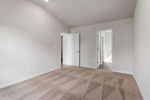 Empty room with light beige carpet and neutral-colored walls. There are two white doors; one is open, leading to a hallway with visible light, and the other is closed. The ceiling is plain with a small light fixture.