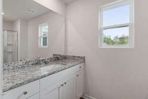White bathroom with a granite countertop featuring a single sink. A large mirror above the vanity reflects the room, and there are two windows allowing natural light. A glimpse of a glass-enclosed shower is visible on the left.
