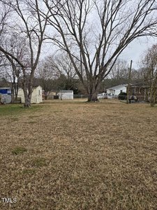 A grassy yard with several large, leafless trees in the center. In the background, there are mobile homes, a fence, and a few other small structures. The sky is overcast.