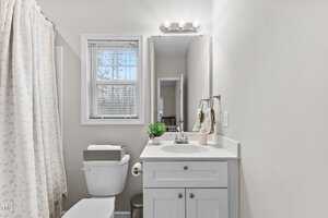 A small, white bathroom features a sink with a mirror above, a toilet with a tissue box on top, and a shower with a patterned curtain. The wall has a towel holder with a towel, and a window with blinds is on the left. A potted plant decorates the sink.