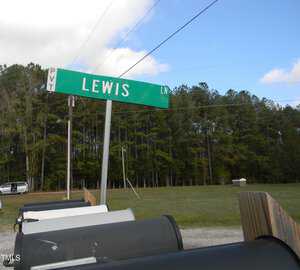 A green street sign reads "Lewis Ln" at the edge of a forested area under a partly cloudy sky. Multiple mailboxes are visible in the foreground on a gravel path. A white vehicle is parked on the side of the road.