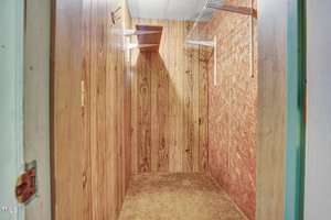 A narrow room with wood panel walls, a carpeted floor, and a wire shelving unit on the wall. The ceiling appears to be white, with a light fixture. The space is empty except for the shelf and has a closed door visible on the left.