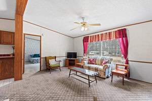 Living room with a beige carpet, a ceiling fan, a sofa with cushions, and a wooden coffee table. There's a television on a stand, two wooden chairs, red curtains, and a view into another room with a bed. Walls and ceiling are white.