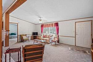 A living room with a white door, patterned carpet, and a ceiling fan. It features a sofa, armchairs, a coffee table, a TV on a stand, and red curtains on a window. A separate room with patterned wallpaper is visible through an open doorway.