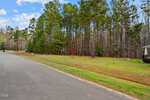 A paved road runs alongside a grassy area with scattered trees, while dense woods extend into the distance on the right under a partly cloudy sky. Just beyond, you catch a glimpse of a house at 753 Port Drive in Henderson.