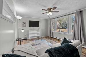 Living room with a ceiling fan, wall-mounted TV, and a white media console. A sofa with cushions faces the TV, and a floor lamp stands nearby. Large windows reveal a view of trees outside. Hardwood floor and soft-colored walls complete the scene.