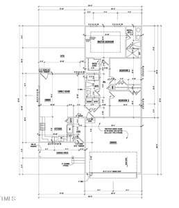 Floor plan of a single-story house featuring a garage, kitchen, family room, dining area, covered porch, master bedroom with attached bathroom, and two additional bedrooms with a shared bathroom. Measurements are provided in feet and inches.