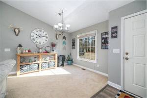 A bright room with beige carpet and gray walls features a large wall clock, a wooden shelf with decorative items, and two animal skulls mounted on the wall. A window with a view of the outdoors and a white door are on the right side.