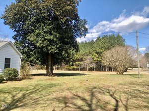 A grassy yard with a large tree is adjacent to a white building on the left. In the background, there are dense trees under a partly cloudy sky. Shadows from the trees stretch across the lawn. A utility pole stands near the right edge.