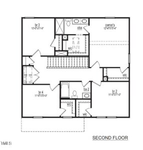 Floor plan of the second floor featuring four bedrooms. Bedroom 1 has a large bathroom and closet. Bedrooms 2, 3, and 4 have walk-in closets and share a bathroom. A stairway is located at the center, and bathroom fixtures are marked throughout.