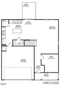 Floor plan of the first floor includes a porch, foyer, office, great room, kitchen, dining area, pantry, and garage. There is also a patio adjacent to the dining area. Steps are shown near the kitchen.