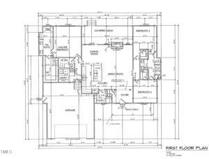 Architectural floor plan of a first floor including a master bedroom with bath, two additional bedrooms, great room, kitchen, casual dining area, foyer, pantry, laundry room, covered deck, front porch, and attached garage. Measurements are in feet.