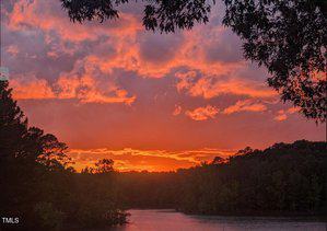 A colorful sunset graces the sky over Henderson's forested lake. Orange and pink hues reflect on the water, while silhouetted trees frame the view from 529 Flanagan Road, with branches in the foreground and a tree line on the horizon.
