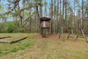 A wooden treehouse with a ladder sits among tall pine trees, accompanied by a metal swing set with two swings on the right. The ground is covered in pine needles, and the area has a natural, forested setting.