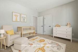 A neutral-colored nursery with a crib, white dresser, and an armchair. There's an animal-themed rug and art prints of a giraffe and elephants on the wall. The room has beige carpet and two white doors. Text reads "Virtual Staging For Illustration Only.