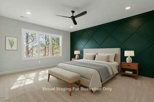 A virtual staging of a bedroom featuring a double bed with light-colored bedding. Two wooden nightstands with lamps flank the bed. A green accent wall stands behind the bed, and a bench is at the foot of the bed. A window and a ceiling fan are visible.