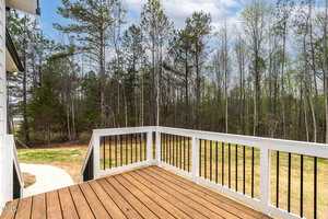 Wooden deck with white railing overlooks a spacious backyard bordered by a line of tall, bare trees. A narrow concrete path leads from the deck to the grassy area. The sky above is partly cloudy.