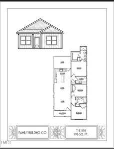 Blueprint image featuring a single-story house design. The layout includes a porch, patio, master bedroom with ensuite, two additional bedrooms, a bathroom, a kitchen, a laundry room, and a living room. House is labeled "The 1198, 1198 Sq. Ft.