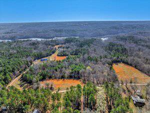 Aerial view of a vast wooded landscape with bare and evergreen trees. There are patches of orange foliage, open fields, and a curved road intersecting the area. In the distance, there are small bodies of water, all under a clear blue sky.
