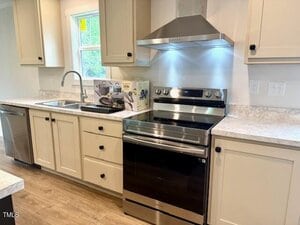 Modern kitchen with white cabinets, stainless steel electric stove and range hood, double sink, and marble-style countertops. A box of cookware and utensils sits on the counter near the window.