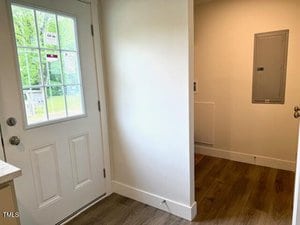 A white door with glass panes leads to a small room with light-colored walls and wood flooring. An electrical panel is mounted on the far wall, and a window shows a view of grass and trees outside.