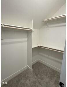 A small, empty walk-in closet with white walls, beige carpeted floor, and multiple white shelves and wooden hanging rods along two walls. The ceiling is slanted on one side.