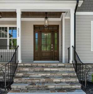 Front entrance of a house featuring stone steps, black metal railings, a dark wooden door with glass panels, white trim, gray siding, and a hanging lantern-style light fixture above the entryway.